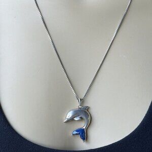 LENOX Pendant Necklace 20 Inch Dolphin Blue Lapis Tail Inlay 925 Sterling Silver